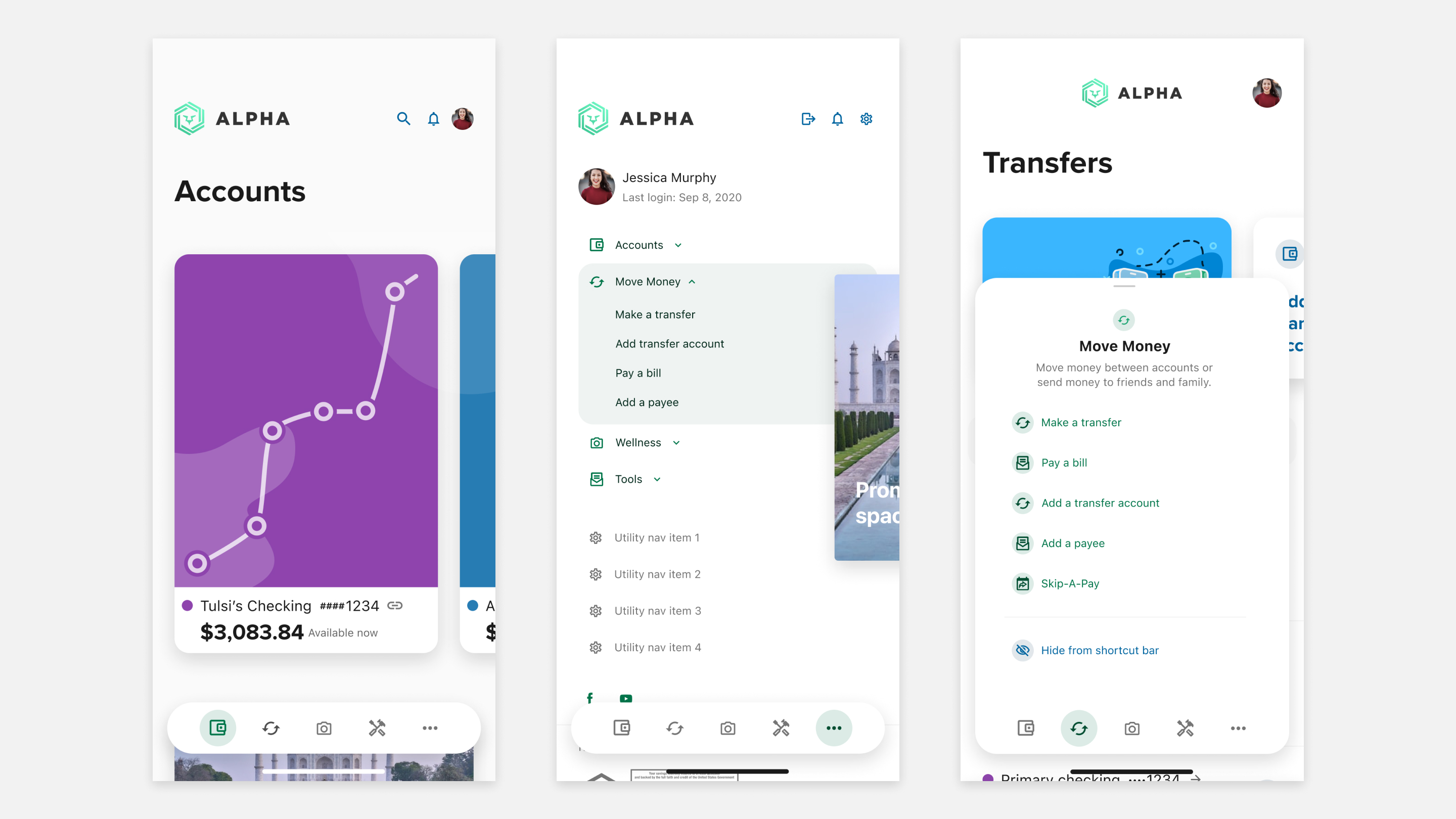 Three navigational constructs: shortcut bar, more menu, local nav drawer