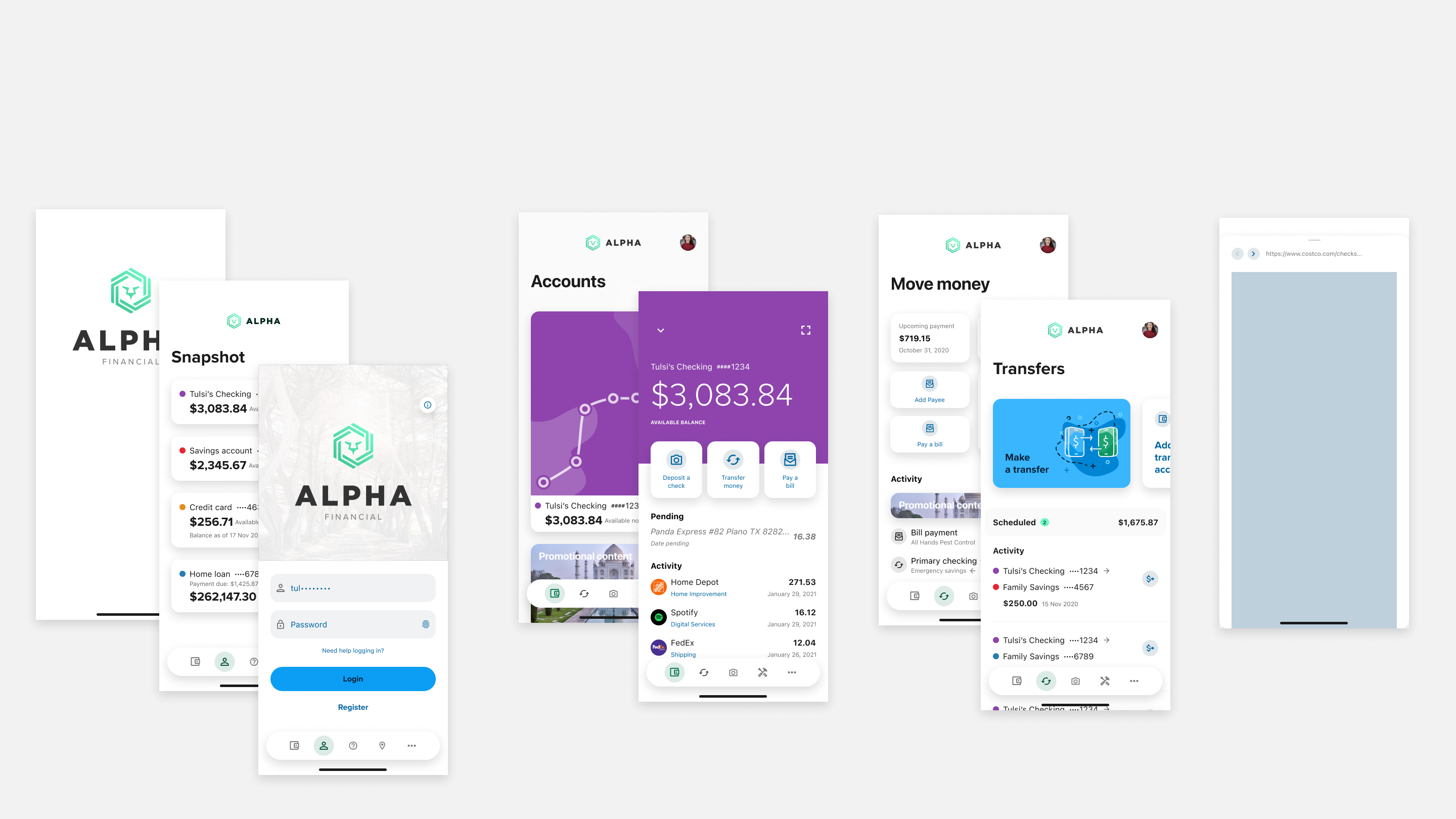 All main landing screens of the redesigned mobile experience