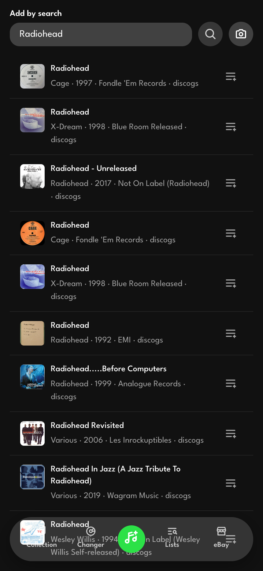 Add-by-search results from Discogs for a typed artist query, each with a cover thumbnail