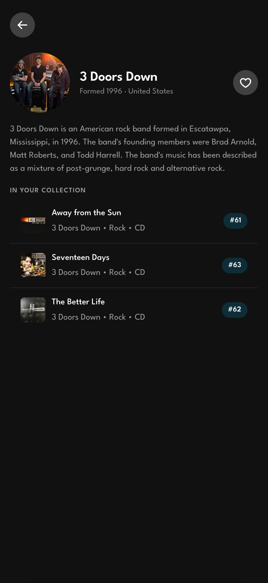 An artist page with a photo, formation facts, and the discs owned by that artist