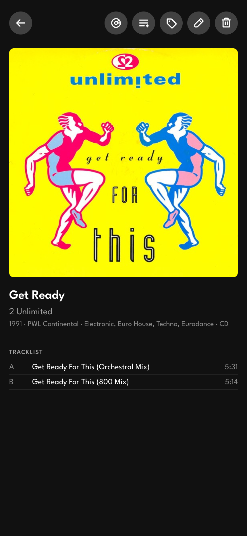 A disc detail view with cover art, tracklist, and a row of action icons