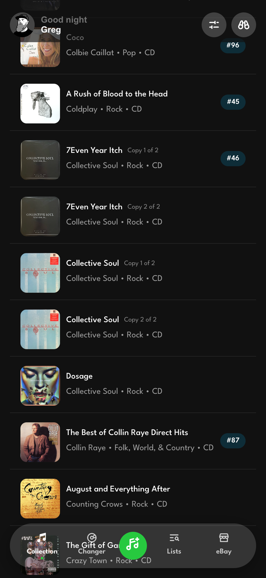 The collection in list view, grouped alphabetically with cover art and slot numbers