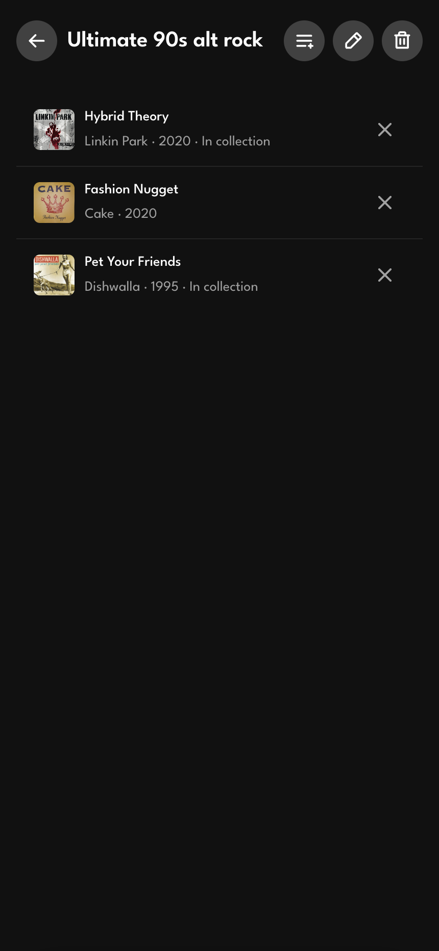 A single list opened, showing the albums it holds