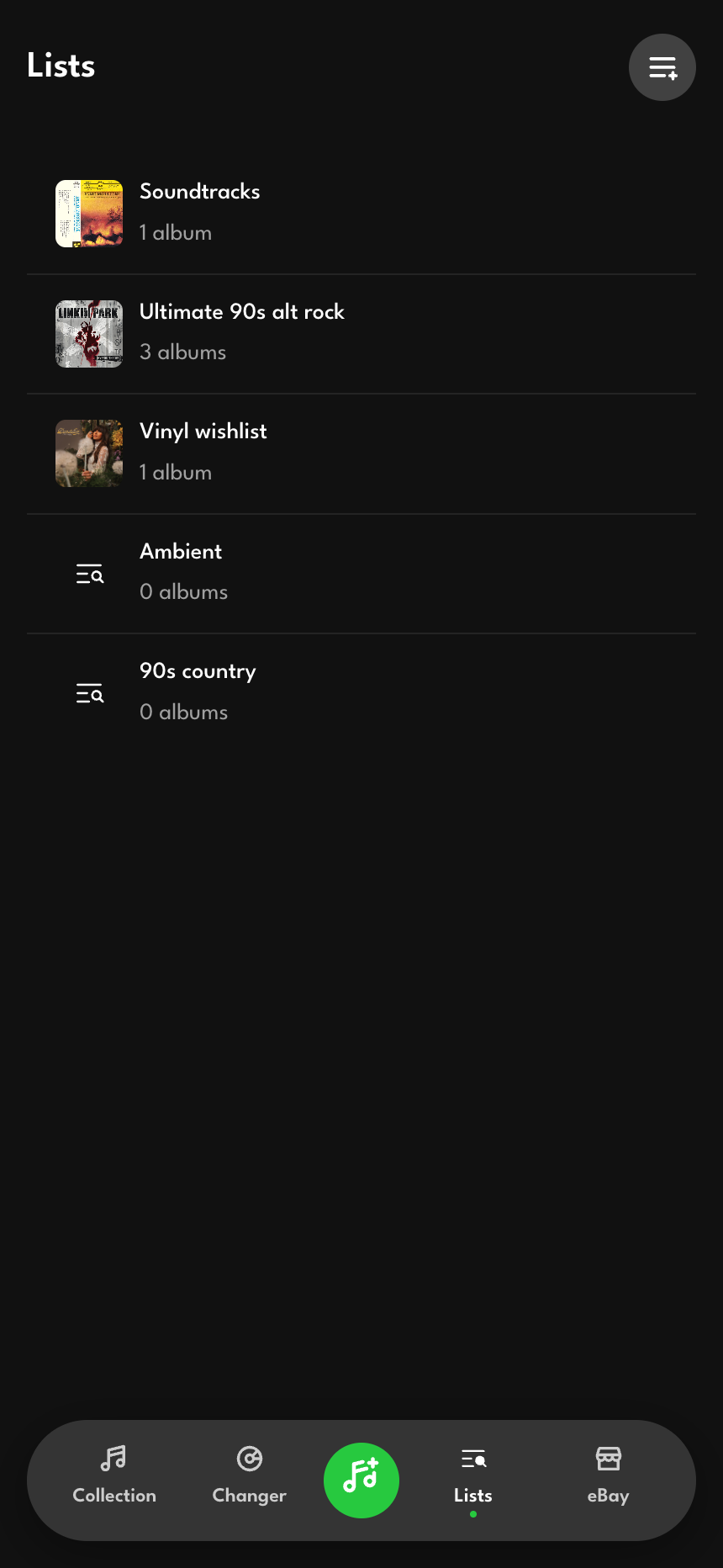The lists hub showing several curated lists with cover art and album counts