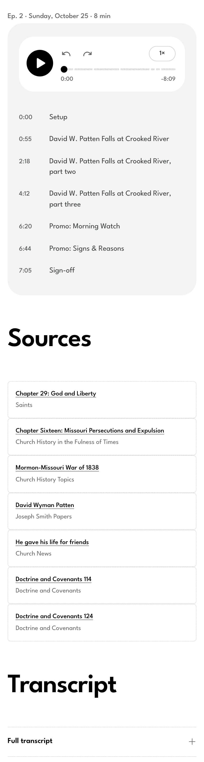 An Out of Small Things episode page on a phone, showing the player, the chapter list, the sources and the transcript