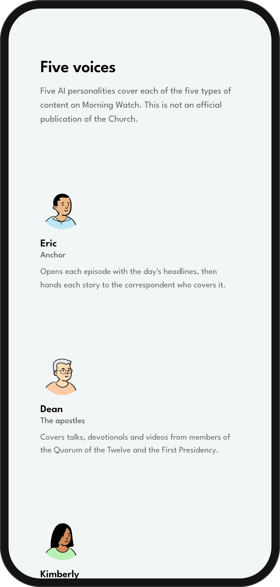 The Morning Watch page introducing its voices: Eric the anchor, Dean on the apostles and Kimberly on the official Church channels