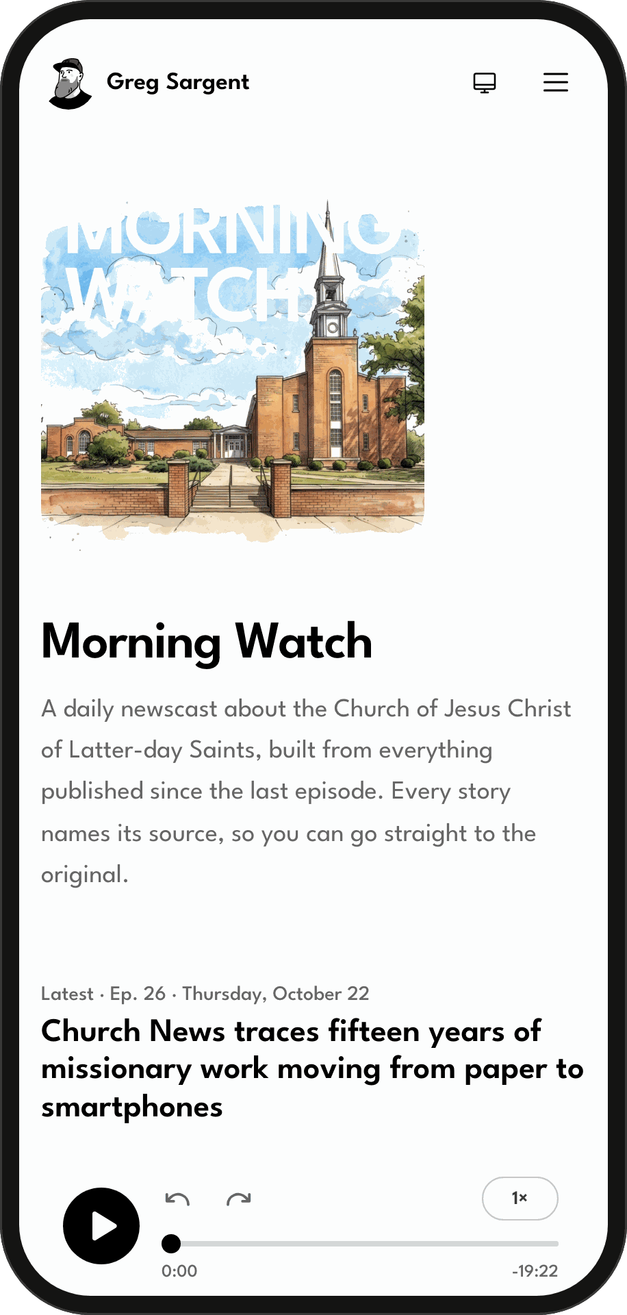 The Morning Watch show page on a phone, with its cover, a short description and the latest episode in a player