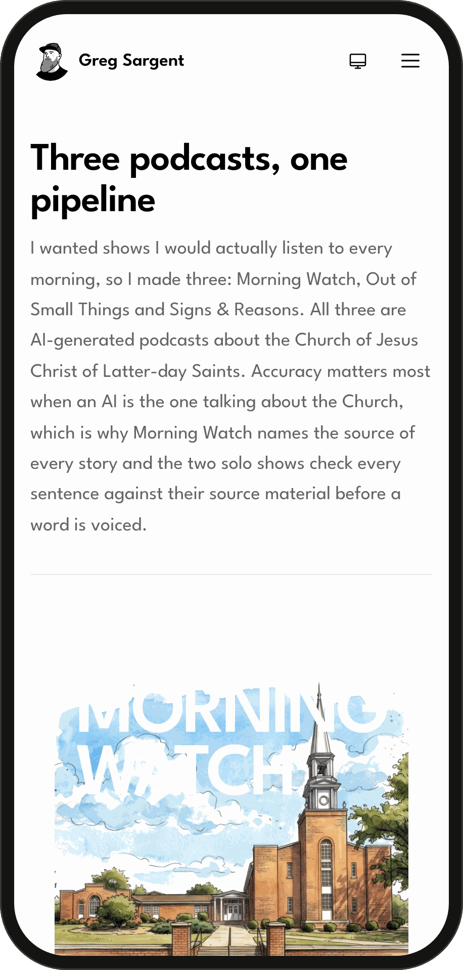 The /podcasts hub on a phone, opening with the network's introduction and the Morning Watch card