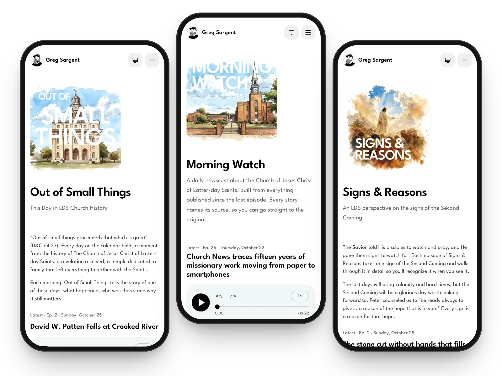 Three phones side by side showing the Out of Small Things, Morning Watch and Signs & Reasons show pages